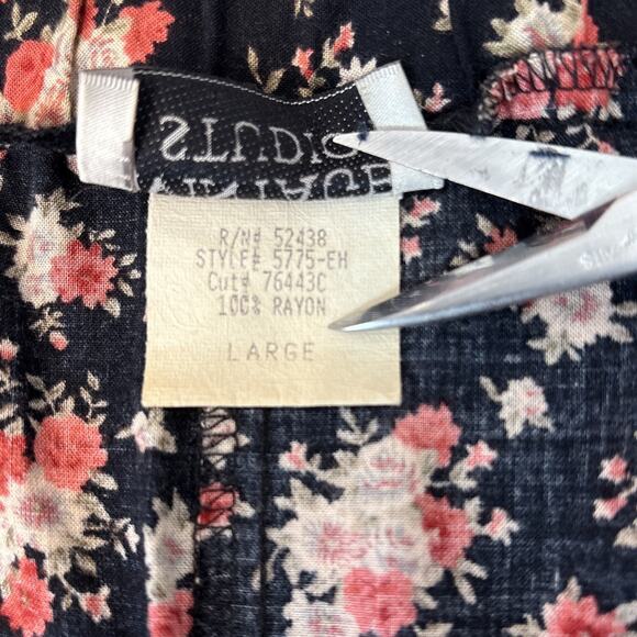 Vintage 90s Floral Button Front MaxiSkirt Black Red Ditsy Print A-Line Lg - Picture 8 of 10